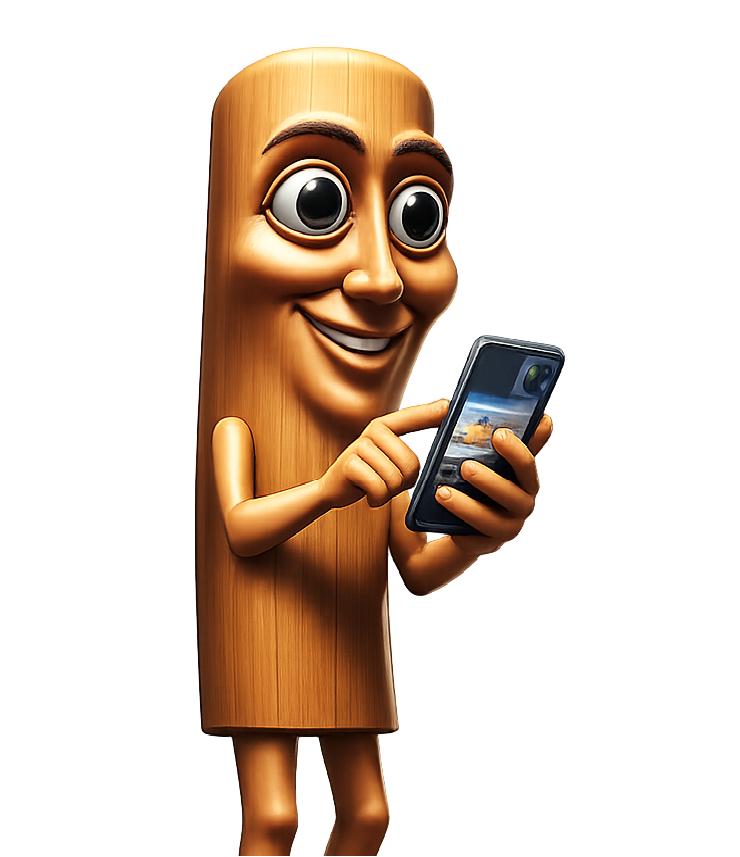 Plank character holding a phone