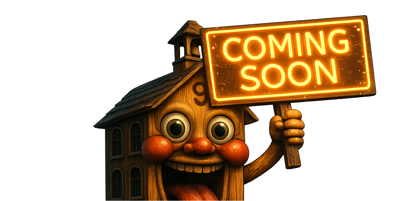 House character holding Coming Soon neon sign