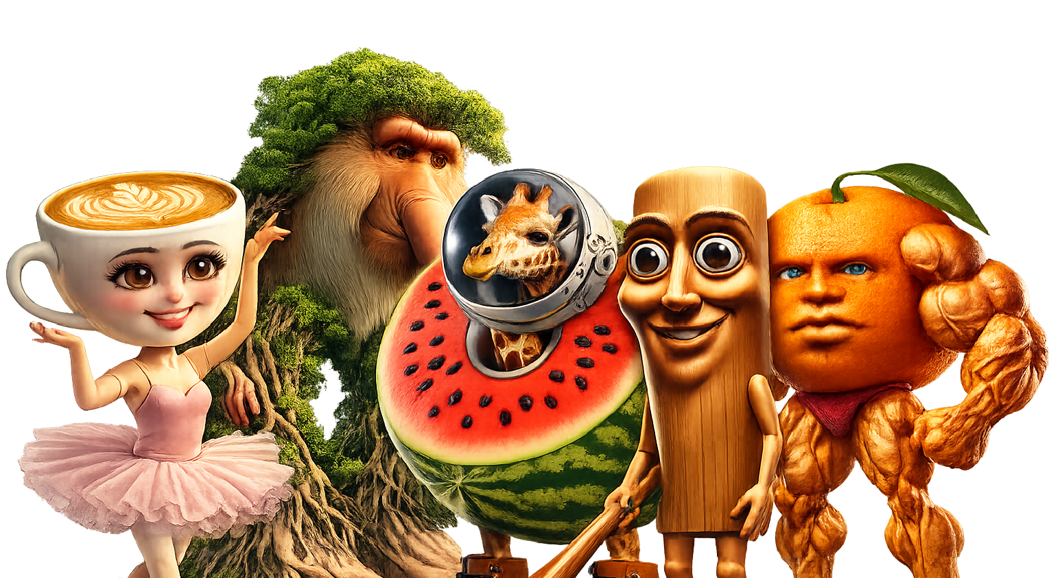 Brainrot Factory characters — coffee cup ballerina, tree monkey, watermelon giraffe astronaut, wooden plank, and muscular orange